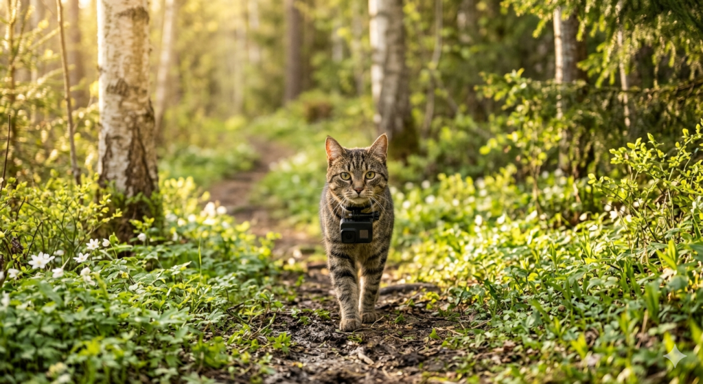 En katt med en liten POV-kamera fäst på halsbandet utforskar en solig svensk skogsstig under våren